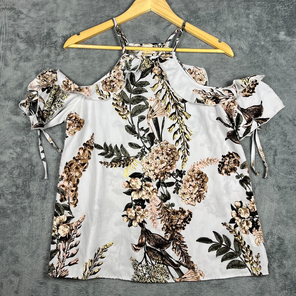Ijoah Cold Shoulder Blouse Top Womens Large Multi Botanical Floral Ruffled Trim